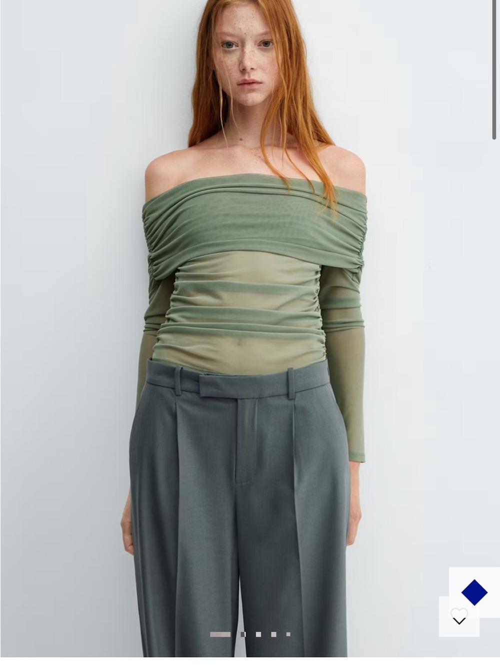 Mango Off-Shoulder Ruched Camisole in Sage and Olive